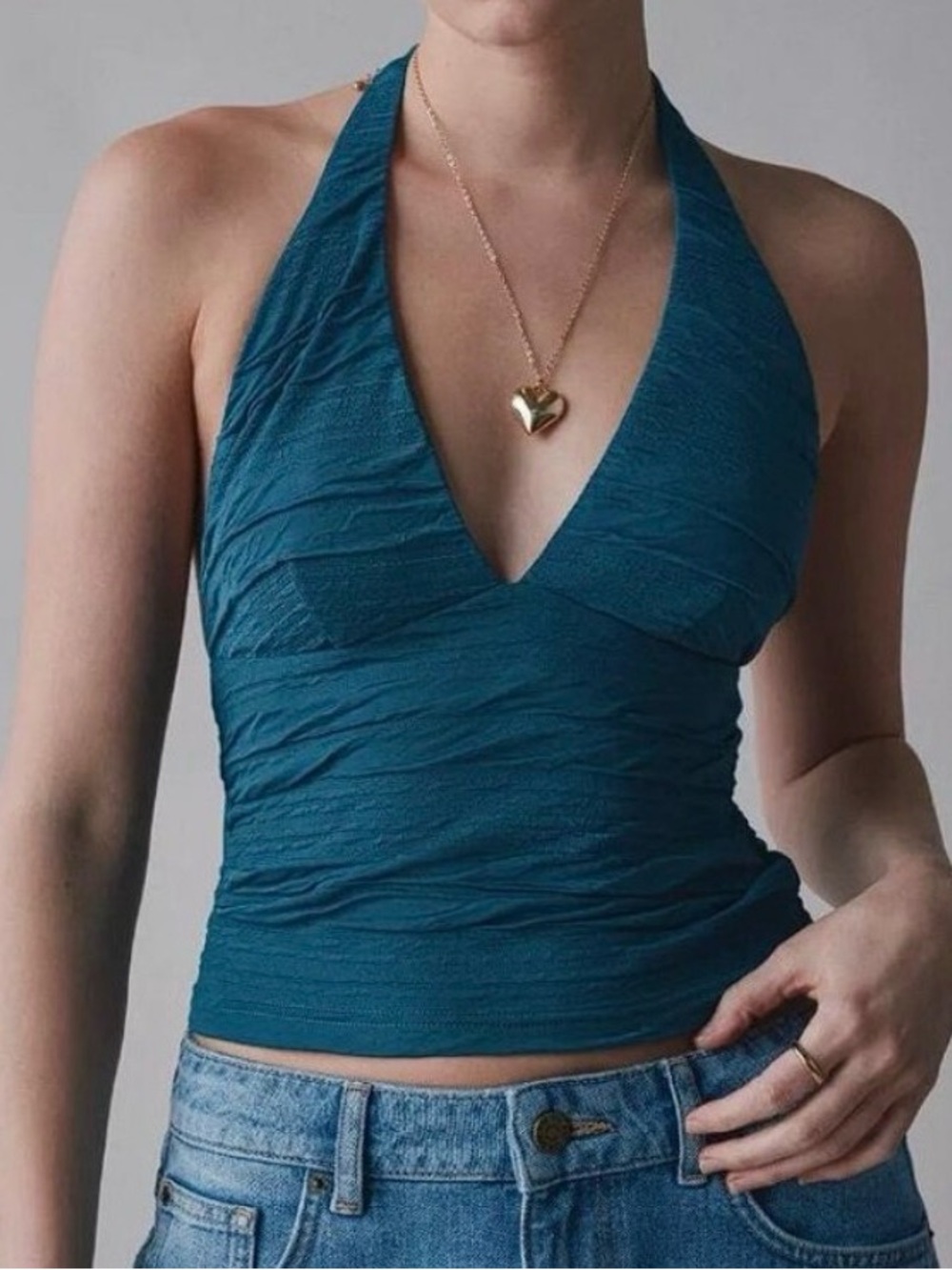 silence + noise Teal Textured Halter Top M